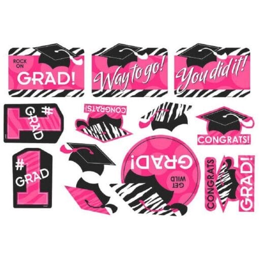 Pink &Amp; Black Zebra Grad Cutouts 12Ct