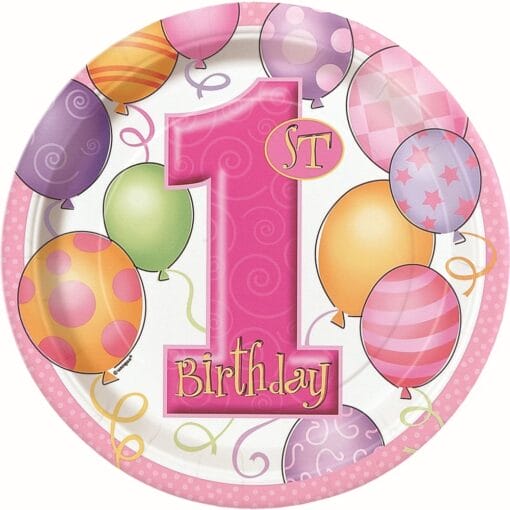First Bday Pink Plates Rnd 9&Quot; 8Ct