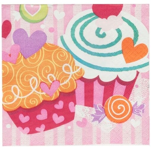 Cupcake Hearts Napkin Beverage 16Ct