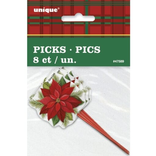 Poinsettia Plaid Picks 3.5&Quot; 8Ct