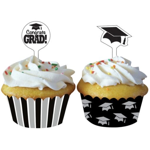 Black Grad Cupcake Wraps W/Picks 12Ct