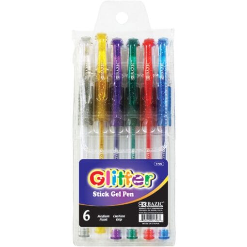 Glitter Color Gel Pen W/Cushion 6Ct