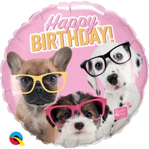 18&Quot; Rnd Studio Pets Puppies W/Glasses Happy Birthday Balloon