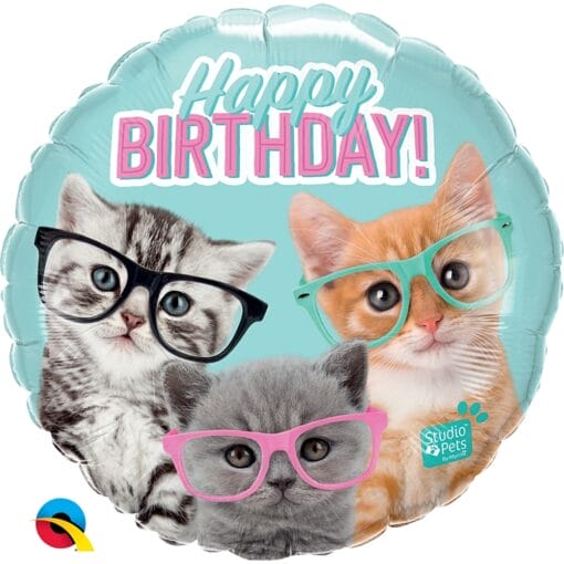 18&Quot; Rnd Studio Pets Kittens W/Glasses Happy Birthday Balloon