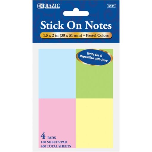 Stick On Notes 1.5&Quot;X2&Quot; 100Sht 4Ct