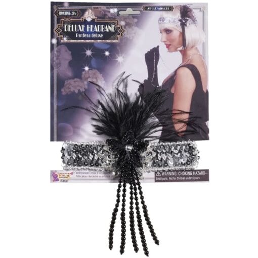 Silver Sequin Flapper Headband W/Feather