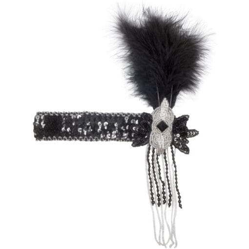 Black Sequin Flapper Headband W/Feather