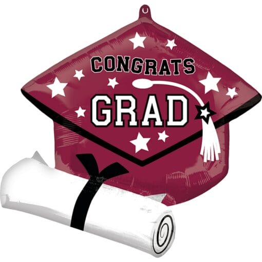 25&Quot; Shp Burgundy Grad Cap W/Diploma Foil Balloon