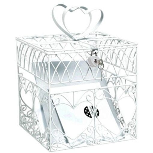 White Heart Metal Cage Card Holder Box W/Lock &Amp; Key