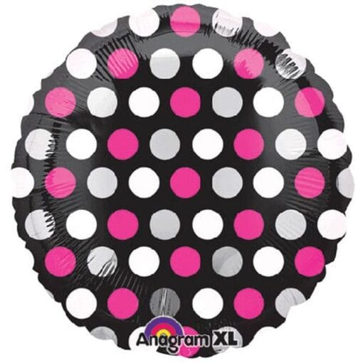 18&Quot; Rnd Blk W/Pink &Amp; White Dots Foil Bln