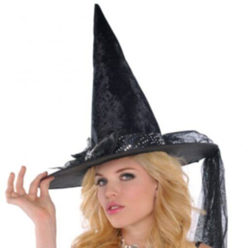 Fancy Black Witch Hat With Bow &Amp; Spider Charm