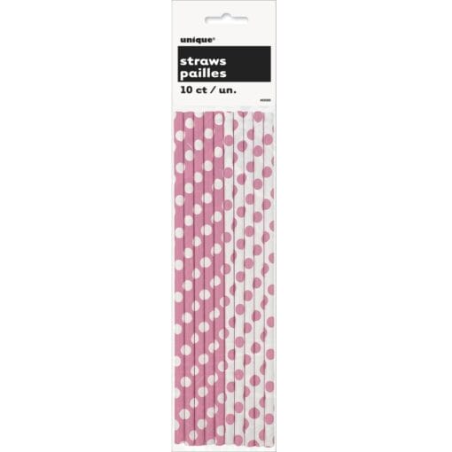 Hot Pink W/Dots Paper Straws 10Ct