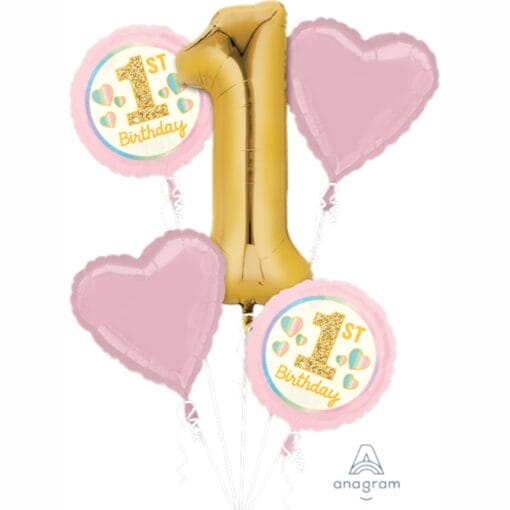1St Birthday Girl Mylar Balloons Bouquet 5Pcs
