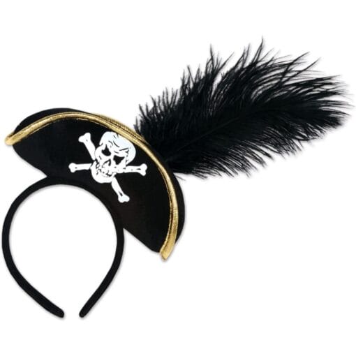 Pirate Hat Headband W/Feather, Black 1Pc