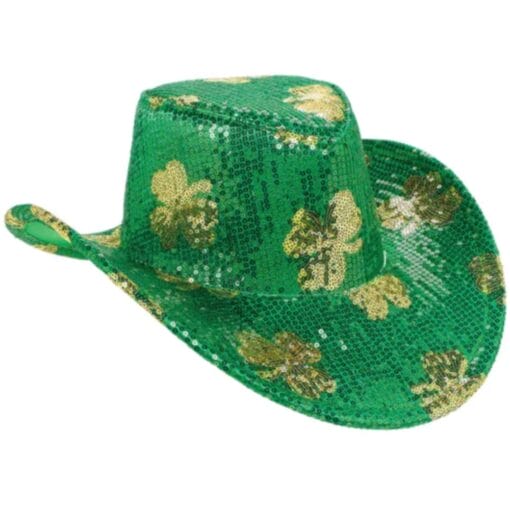 Green Sequin Cowboy Hat W/Gold Shamrocks