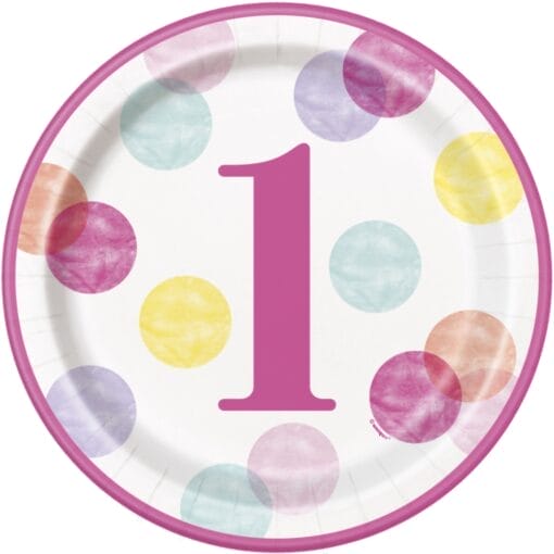 Pink Dots 1St Birthday Plates 9&Quot; 8Ct