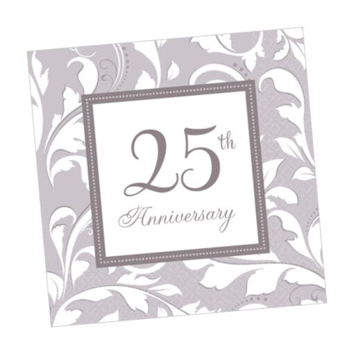 Silver Elegant 25Th Anniversary Napkins Beverage 16Ct