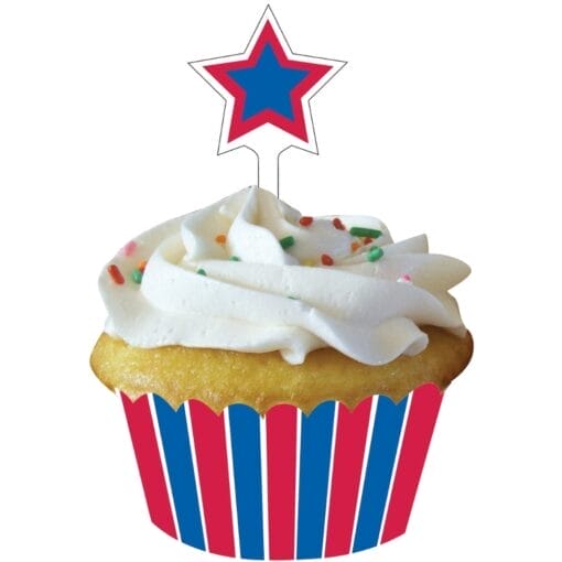 Cupcake Wrapper W/Star Pick R-W-B 12Ct